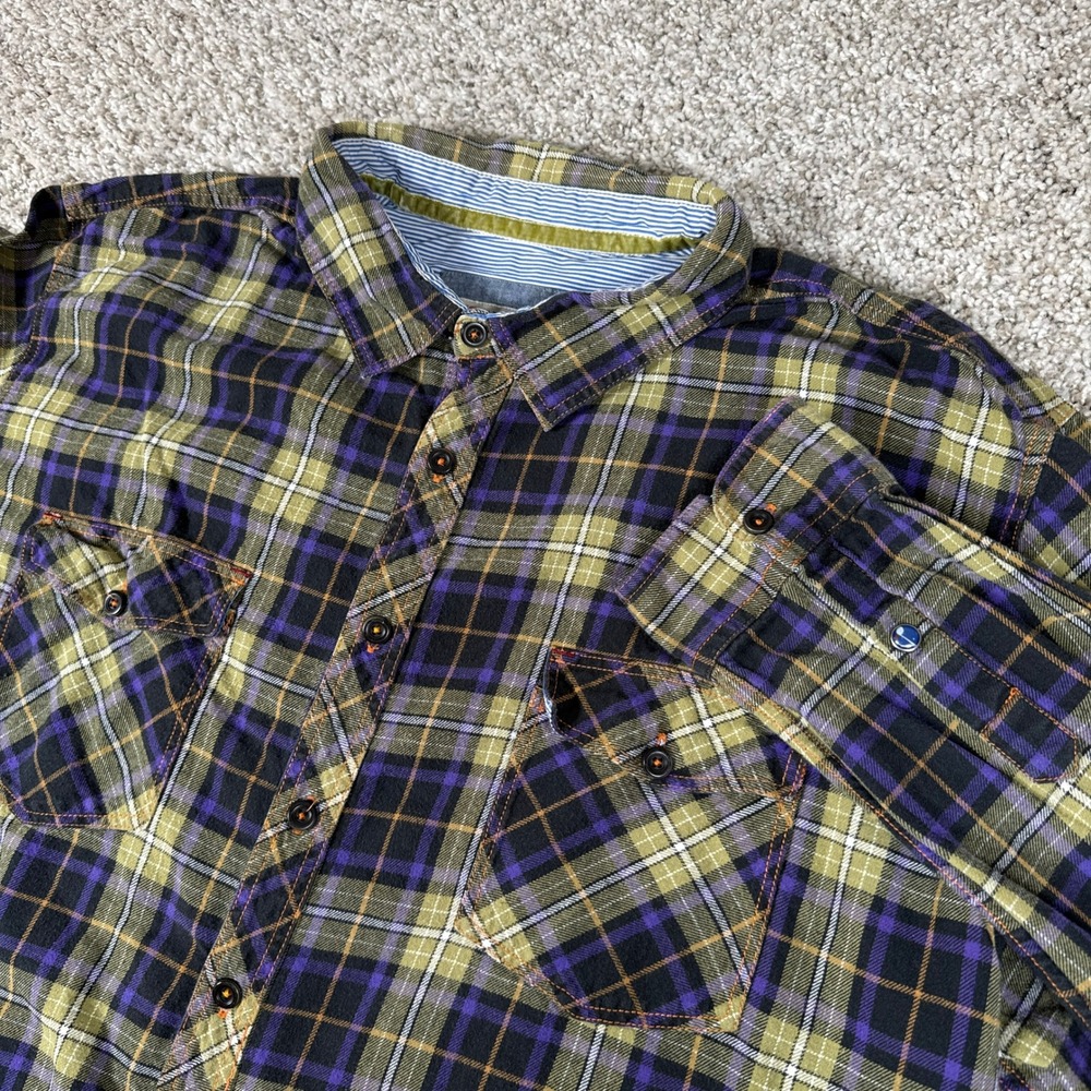 32 Bar Blues Shirt Mens XXL Purple‎ Green Plaid Flannel Button Down Cotton